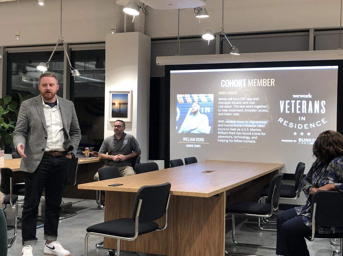 William Rork, a former Marine, talk about his startup, Minds Health, at the launch of the new Bunker Labs veteran-in-residence cohort at WeWork in Raleigh on Nov. 7, 2019.