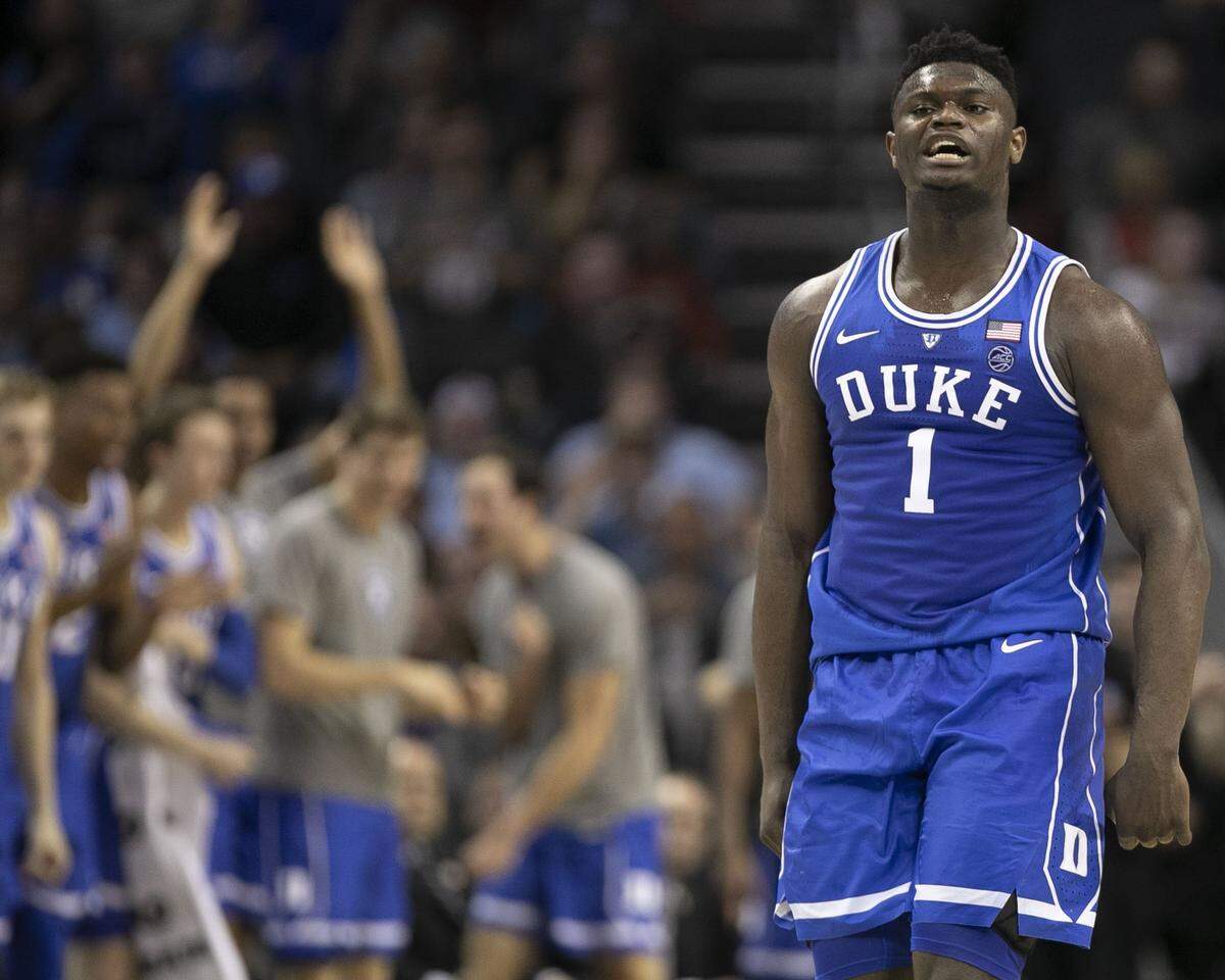 Duke’s Zion Williamson (1) reacts after a dunk in the first half against North Carolina on Friday, March 15, 2019 during the semi-finals of the ACC Tournament at the Spectrum Center in Charlotte, N.C.