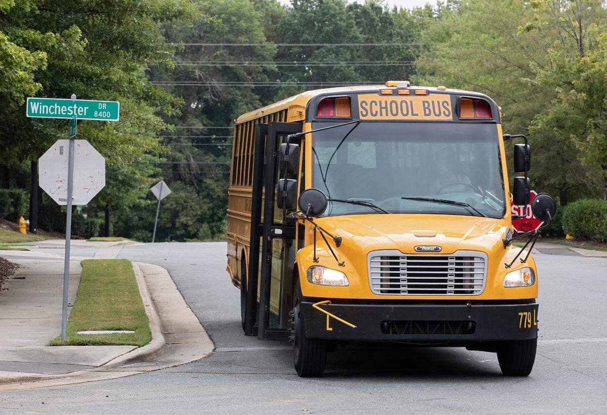 A school bus on the first day of school for Wake County Public School System students, Monday, Aug. 28, 2023, in Raleigh, N.C.
