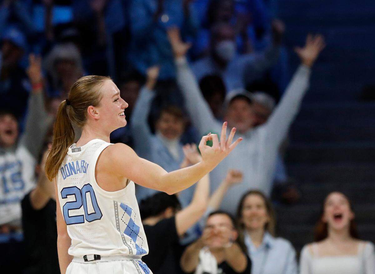 North Carolina’s Lexi Donarski reacts after knocking down a three-point basket during the second half of the Tar Heels’ 80-70 win over N.C. State on Thursday, Feb. 22, 2024, at Carmichael Arena in Chapel Hill, N.C.