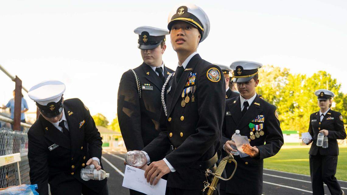 Graduating Executive Officer Woodward Tran at Cary HIgh School’s Naval Junior ROTC Change of Command Ceremony in Cary, N.C. on May 17, 2022. Wake County wants to expand the number of JROTC units in the school district.