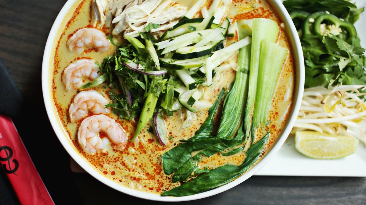 CO’s Curry Laksa ‘s contains shrimp, shredded chicken, bun rice noodles, shredded cucumber, thai basil, baby bok choy that is served in a spicy coconut broth. CO in North Hills is part of North Hills Restaurant Week.