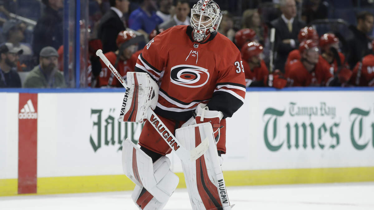 Carolina Hurricanes goaltender Alex Nedeljkovic during the second period of an NHL preseason hockey game against the Tampa Bay Lightning Tuesday, Sept. 18, 2018, in Tampa, Fla. (AP Photo/Chris O’Meara)