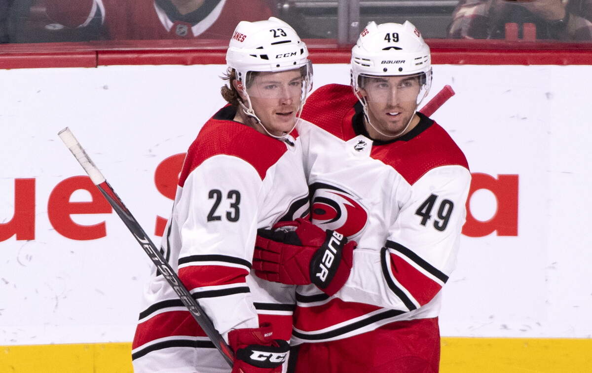 Carolina Hurricanes’ Victor Rask, right, celebrates his goal against the Montreal Canadiens with Brock McGinn during the first period of an NHL hockey game Tuesday, Nov. 27, 2018, in Montreal.