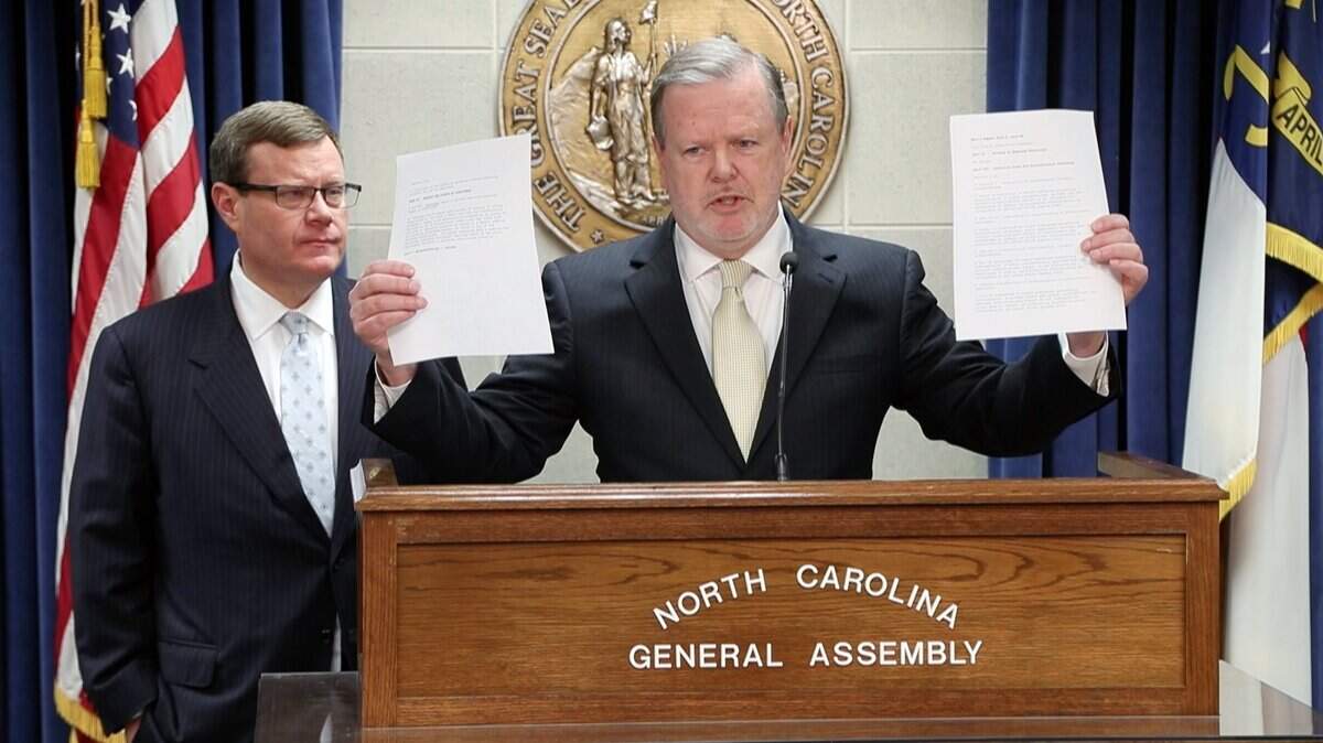 Republican leaders Rep. Tim Moore, Speaker of the N.C. House,  left, and Sen. Phil Berger, President pro tem of the N.C. Senate, win in two rulings on Monday, April 9, 2018, in lawsuits over power struggle with NC Gov. Roy Cooper.