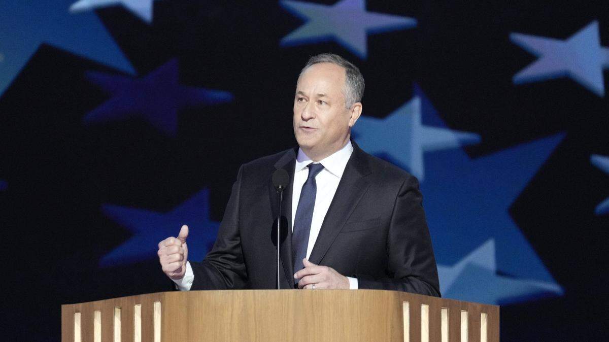 Aug 20, 2024; Chicago, IL, USA; Second Gentleman Doug Emhoff speaks during the second day of the Democratic National Convention at the United Center. Mandatory Credit: Jasper Colt-USA TODAY