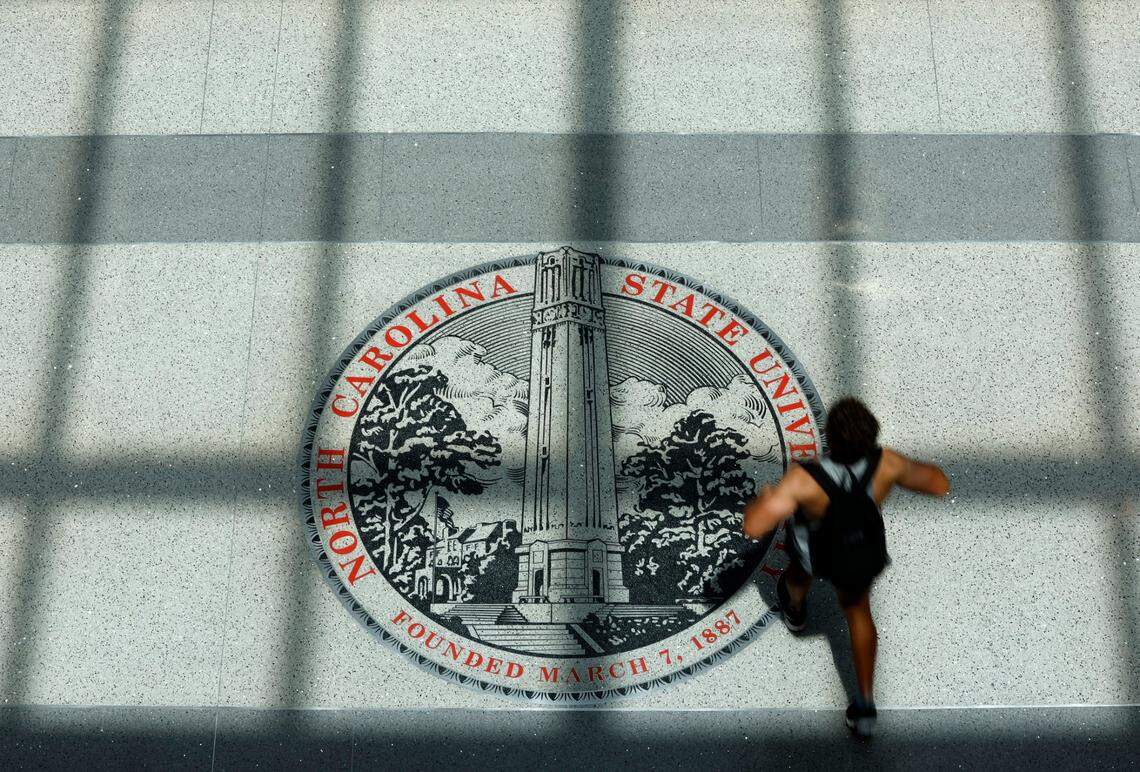 The N.C. State University seal, photographed Thursday, August 4, 2022, on the floor of the Talley Student Union at N.C. State in Raleigh, N.C., Thursday, August 4, 2022.