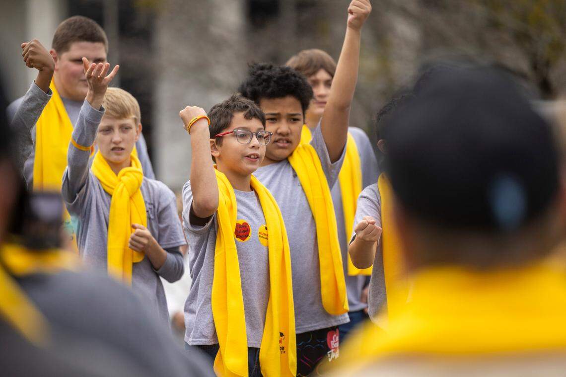 Students from Fayetteville’s School of Hope perform during a rally celebrating National School Choice Week on Halifax Mall in front of the Legislative Building in Raleigh on Wednesday, Jan. 24, 2024. North Carolina could see a 60% increase this year in the number of students receiving a private school voucher now that income limits for families have been removed.