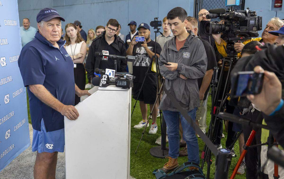 North Carolina coach Bill Belichick fields questions during a press briefing prior to the Tar Heels’ practice on Wednesday, August 13, 2025 in Chapel Hill, N.C.
