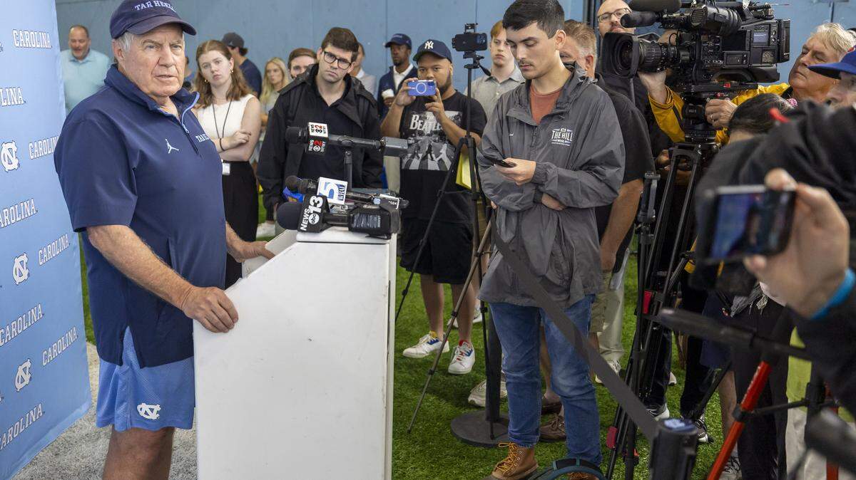 North Carolina coach Bill Belichick fields questions during a press briefing prior to the Tar Heels’ practice on Wednesday, August 13, 2025 in Chapel Hill, N.C.