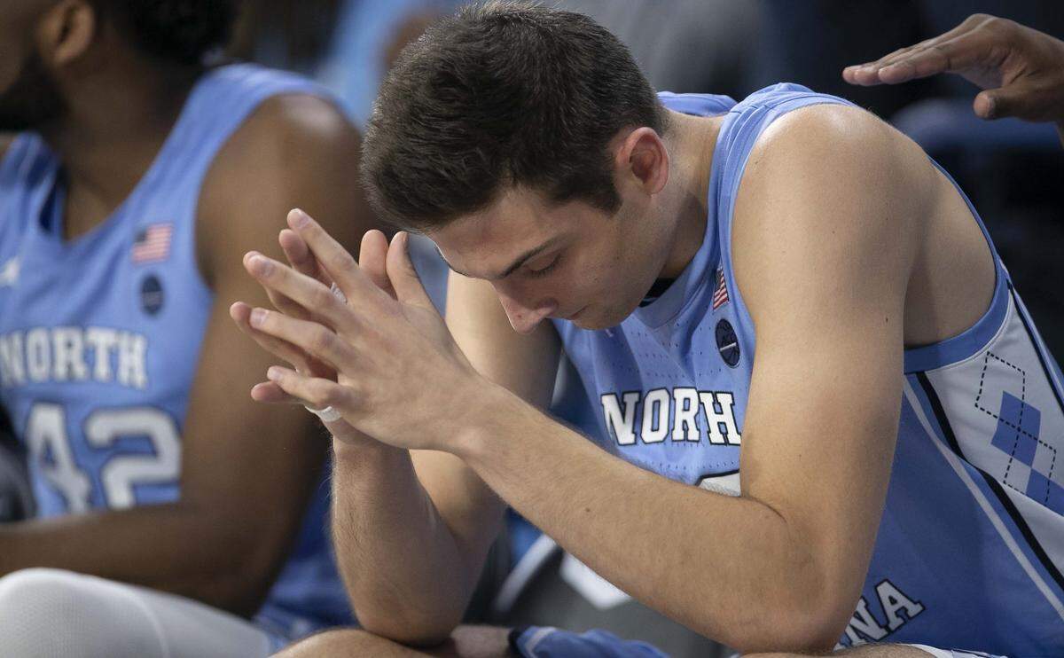 North Carolina’s Justin Pierce (32) takes a seat on the bench as Gonzaga rolls to a 94-81 victory over the Tar Heels on Wednesday, December 18, 2019 at McCarthey Athletic Center in Spokane, Washington. Pierce scored seven points in the Tar Heels’ loss.