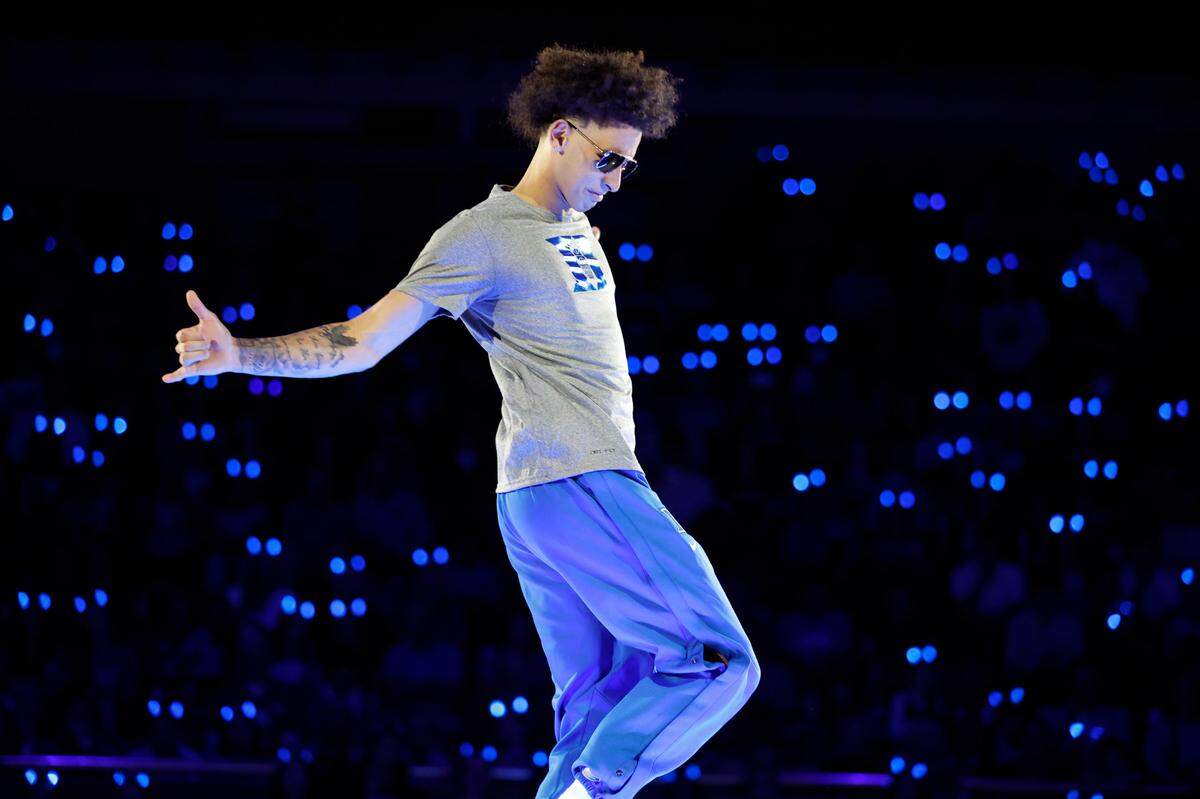 Duke’s Tyrese Proctor dances after being introduced during Duke’s Countdown to Craziness at Cameron Indoor Stadium in Durham, N.C., Friday, Oct. 21, 2022.