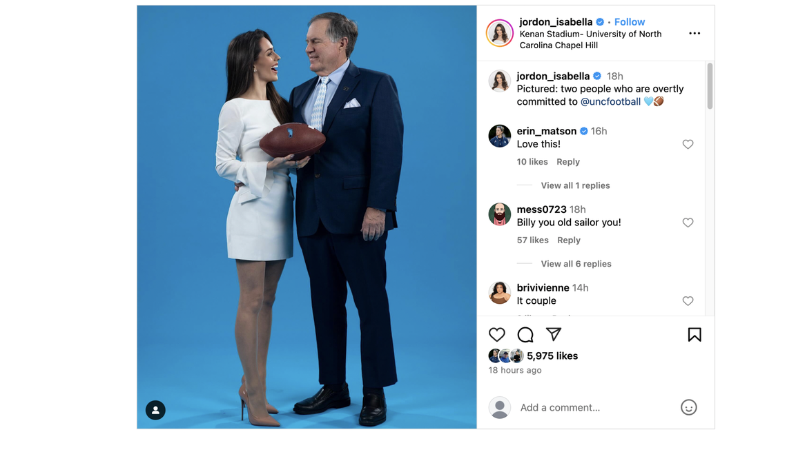 An Instagram post by Jordon Hudson on Jan. 16, 2025, expresses she and Bill Belichick are committed to UNC football.