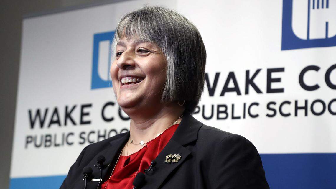 Catty Moore talks to reporters after it was announced she will be the new Superintendent of the Wake County School System during a meeting at the school system headquarters in Cary on May 23, 2018. She will retire at the end of the 2022-23 school year.