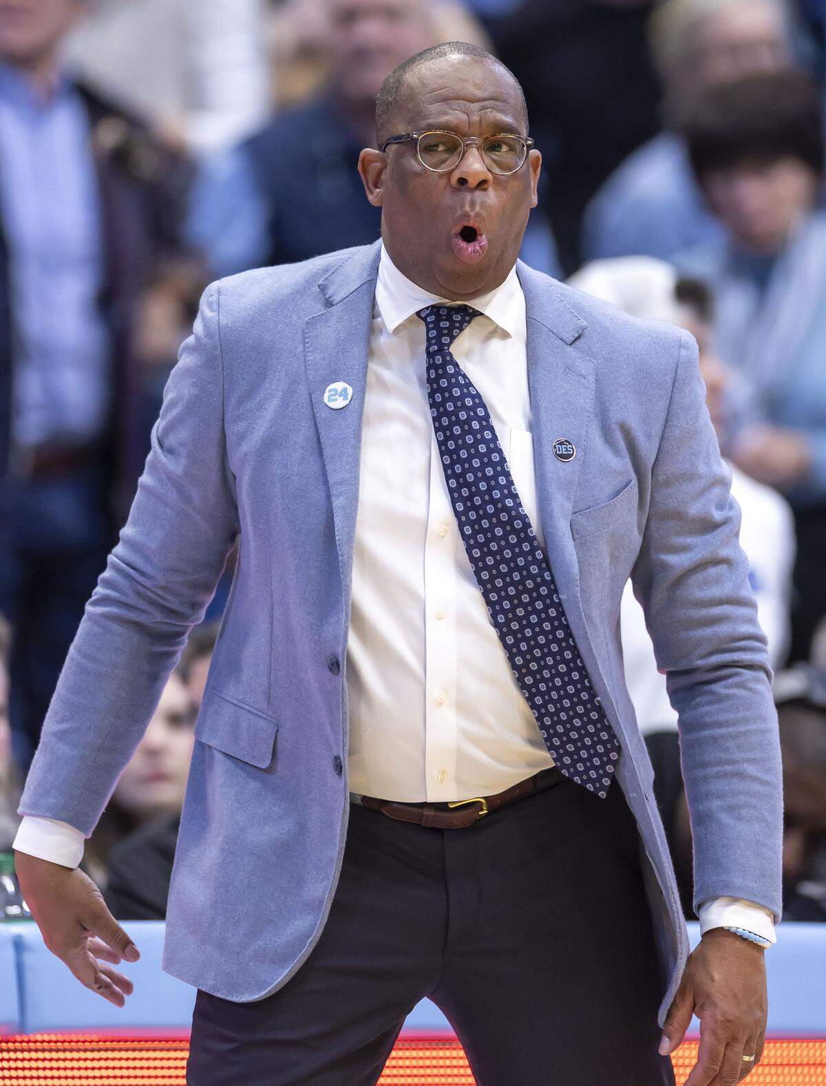 North Carolina coach Hubert Davis reacts as he watches his team on offense in the second half against Florida State on Tuesday, December 30, 2025 at the Smith Center in Chapel Hill, N.C.