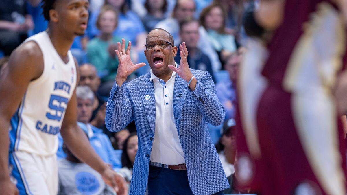 North Carolina coach Hubert Davis directs his team during the second half against Florida State on Saturday, December 2, 2023 at the Smith Center in Chapel Hill, N.C.