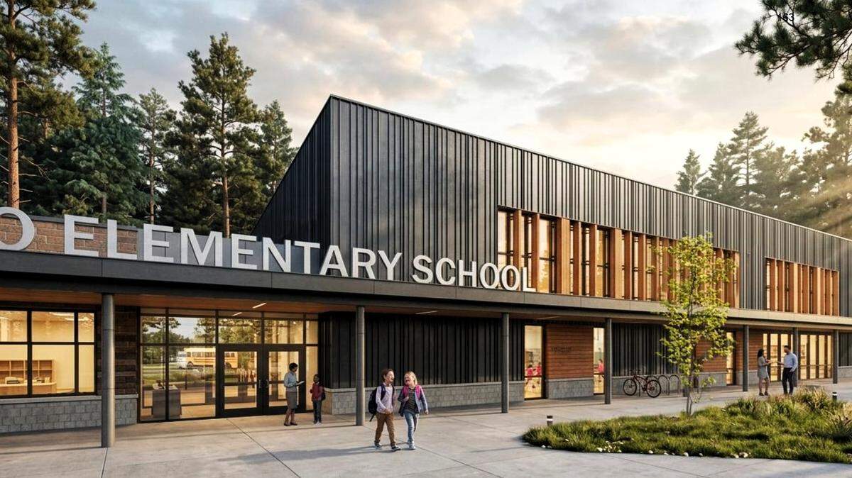 A preliminary design for the new, $54 million Carrboro Elementary School reflects its wood setting, district staff said. The school will also have longer driveways to get cars and buses off nearby streets.