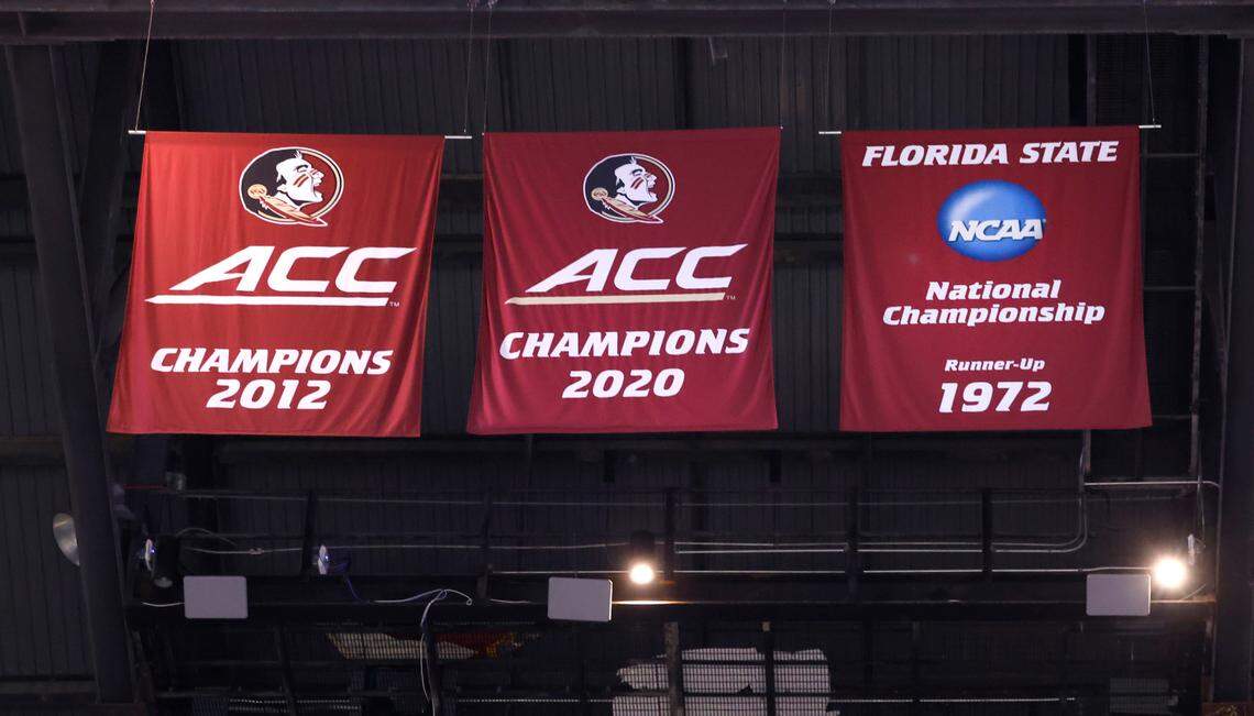 ACC champion banners hang from the rafters at the Donald Tucker Civc Center, where the Florida State men’s and women’s basketball teams play. Photographed before Duke’s game against Florida State University in Tallahassee, Fla. Sat. February 17, 2024.