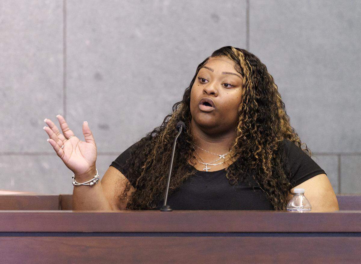 Brenay Kennard testifies during a hearing on Tuesday, March 24, 2026, in Durham County Superior Court regarding a motion she filed stay the enforcement of a November 2025 order for her to pay $1.75 million to Akira Montague for alienation of affection and criminal conversation. 
