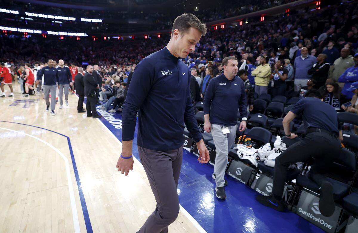 Duke head coach Jon Scheyer walks off the court after Texas Tech’s 82-81 victory over Duke in the SentinelOne Classic at Madison Square Garden in New York City on Saturday, Dec. 20, 2025.