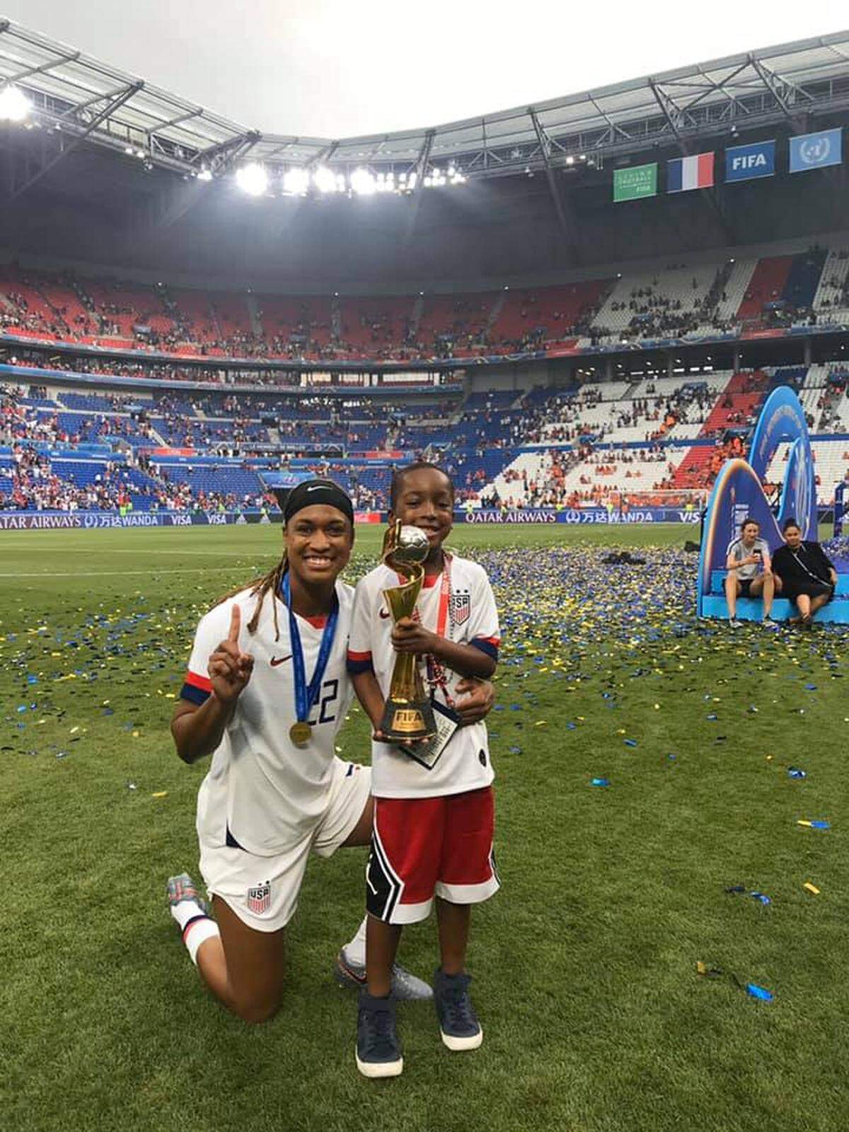 Jessica McDonald, left, celebrates with her son Jeremiah Stuart after she won the World Cup with the U.S. Women’s National Team in Lyon, France, in 2019.