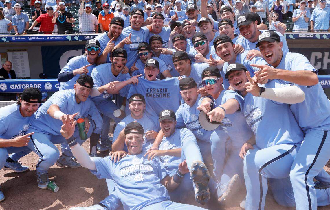 North Carolina players gather together after UNC’s 9-5 victory over N.C. State in the ACC baseball championship at Truist Field in Charlotte, N.C., Sunday, May 29, 2022.