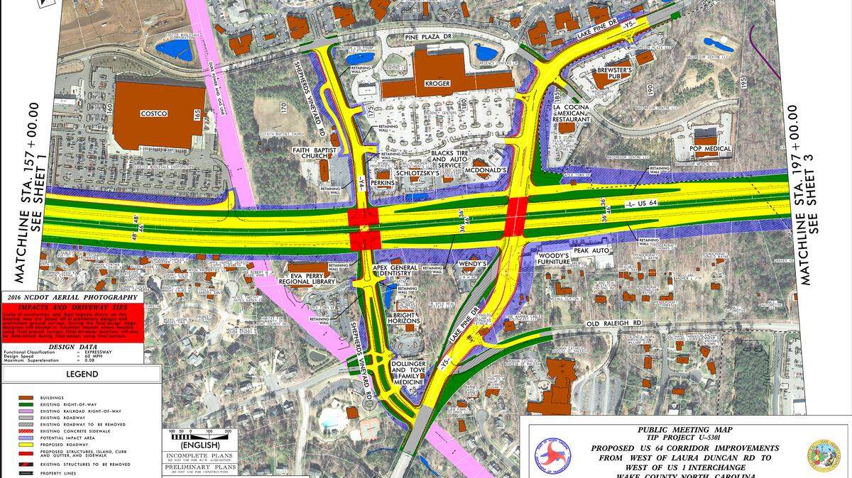A detail from one of three scenarios for re-making U.S. 64 in Cary and Apex proposed by the N.C. Department of Transportation. All three entail building a bridge to carry Lake Pine Drive over U.S. 64, seen here.