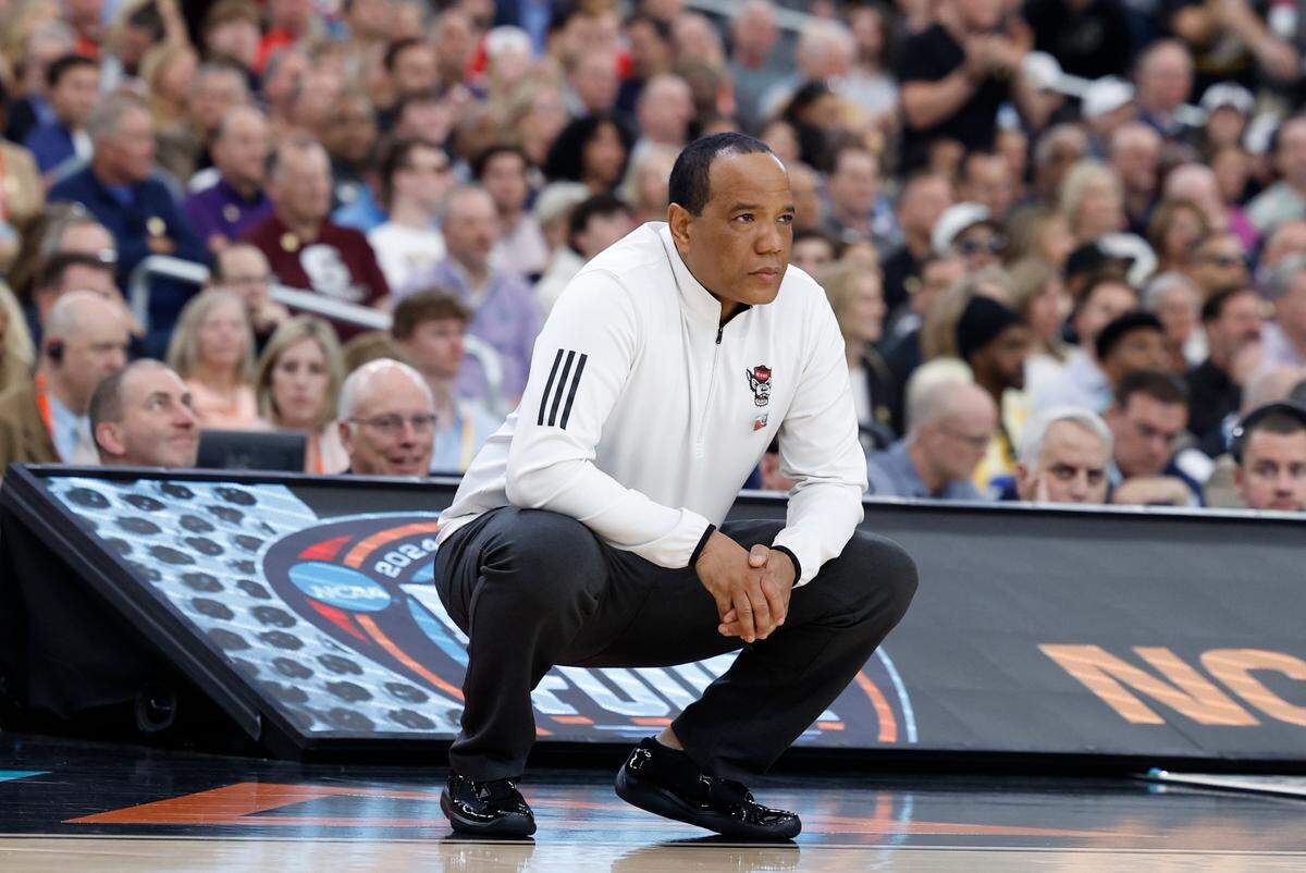 NC State coach Kevin Keatts watches as his Wolfpack falls behind Purdue in the first half of their NCAA Final Four game, Saturday, April 6, 2024.