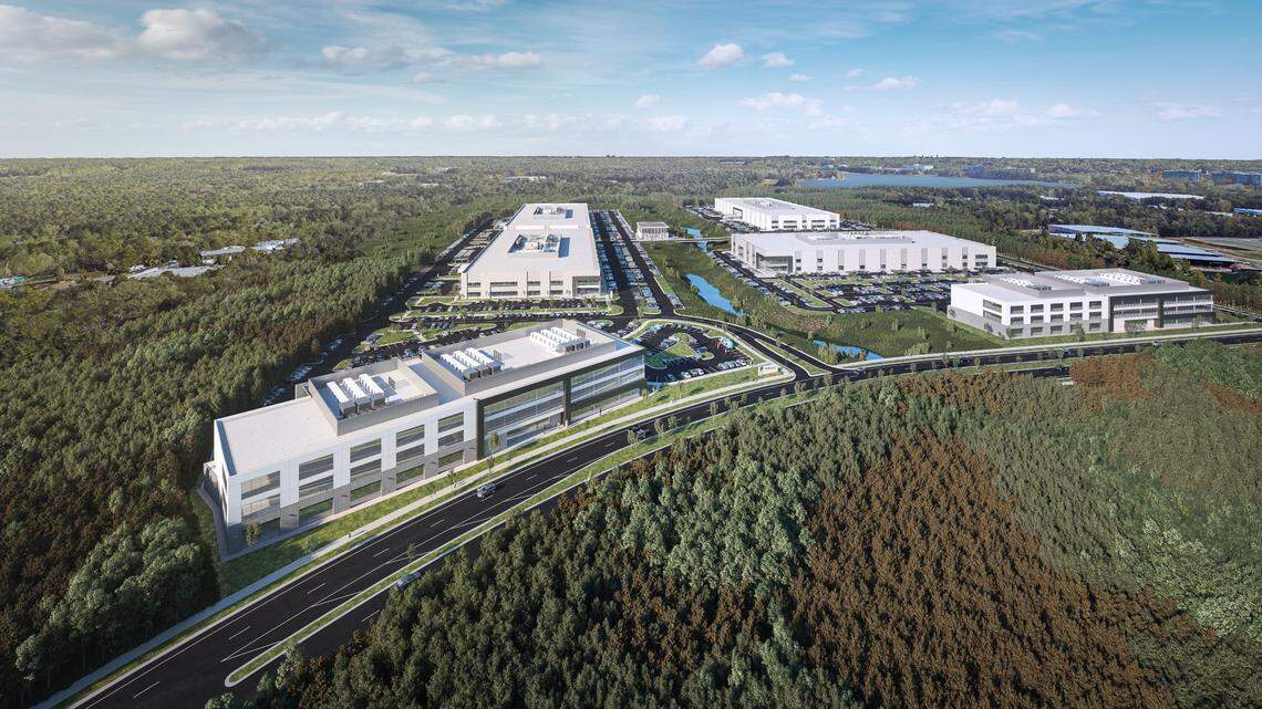 A rendering of King Street Properties’ 75-acre Pathway Triangle campus in Morrisville. It’s on the 1.6-mile McCrimmon Parkway extension, about a 5-minute drive northeast to Raleigh-Durham International Airport.