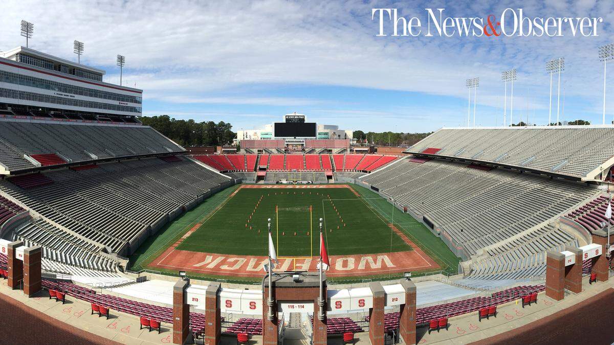 Carter-Finley Stadium is seen in this iPhone panorama in February 2019. The cones on the field mark an approximate location for an outdoor hockey rink.