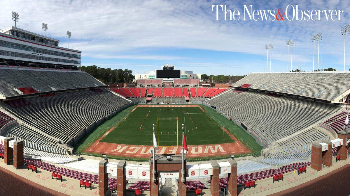 Carter-Finley Stadium is seen in this iPhone panorama in February 2019. The cones on the field mark an approximate location for an outdoor hockey rink.