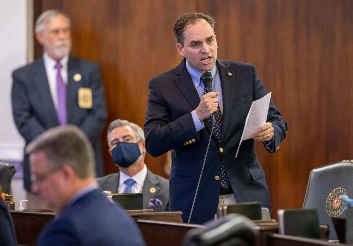 State Senator Wiley Nickel of Wake County speaks against SB 105, outlining details in the state budget he is against. Nickel was one of seven senators to vote against the budget bill on Wednesday, November 17, 2021 in Raleigh, N.C.