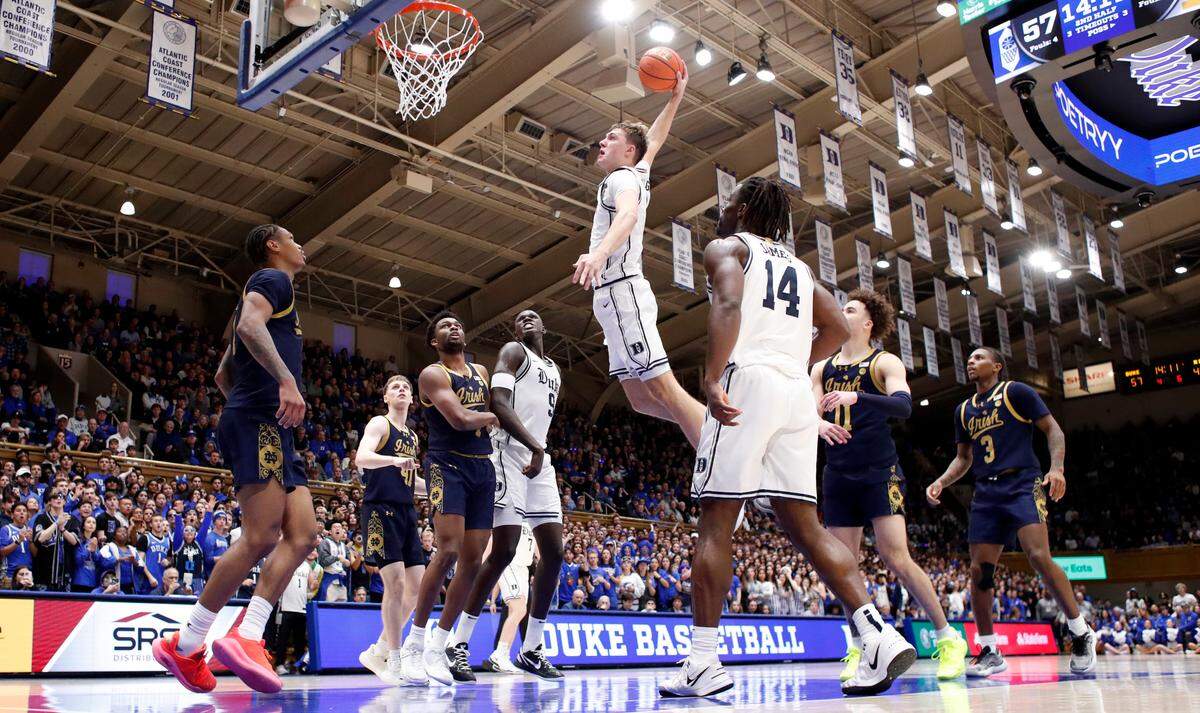 Duke’s Cooper Flagg (2) heads to slam in two during Duke’s 86-78 victory over Notre Dame at Cameron Indoor Stadium in Durham, N.C., Saturday, Jan. 11, 2025.