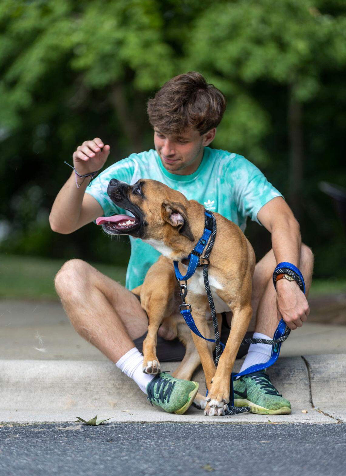 William Zipf McIntyre from Carolina Boxer Rescue plays with Crow, an eleven-month-old boxer mix, after picking him up from the Wake County Animal Center on Wednesday, July 6, 2022 in Raleigh, N.C.