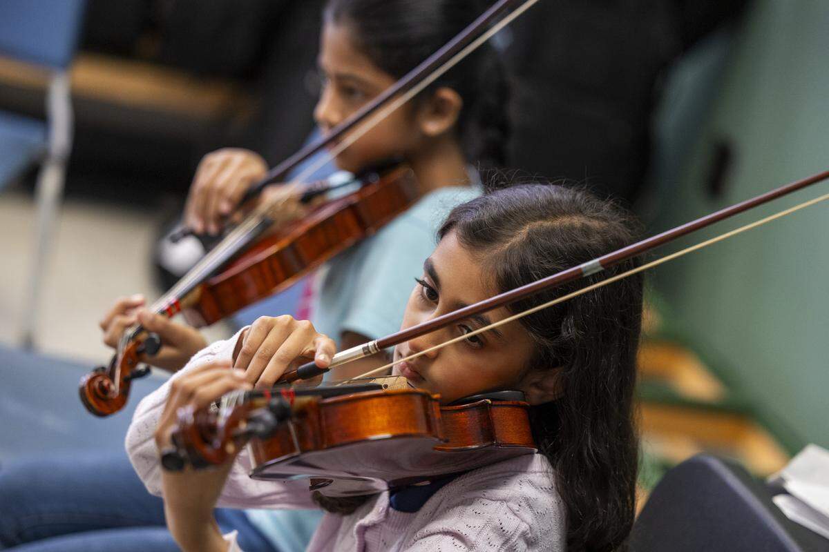 Orchestra students practice on Friday, May 8, 2026 at Washington Magnet Elementary School in Raleigh.