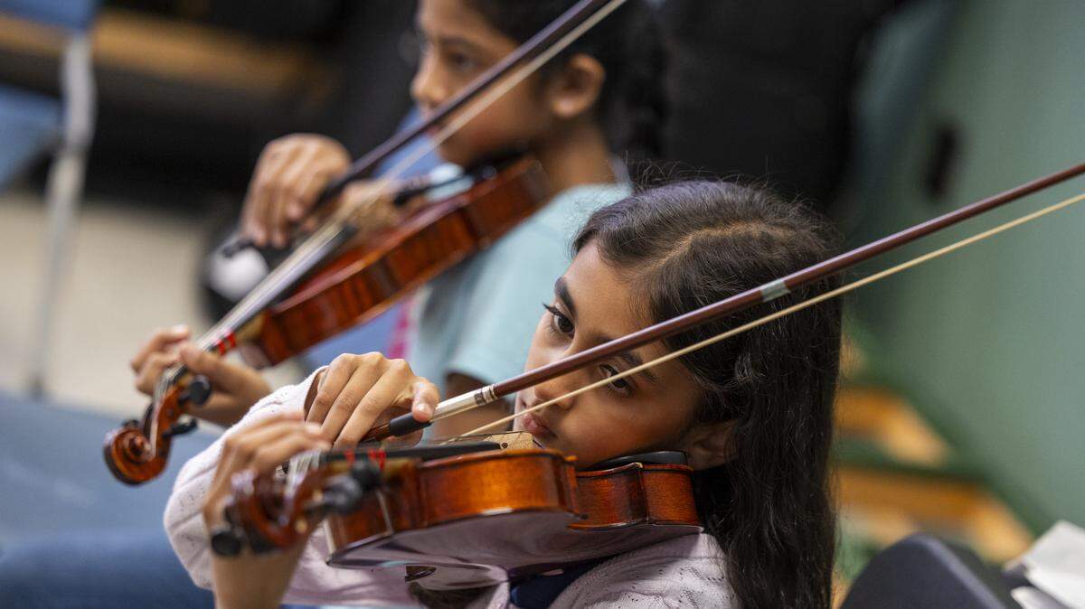 Orchestra students practice on Friday, May 8, 2026 at Washington Magnet Elementary School in Raleigh.