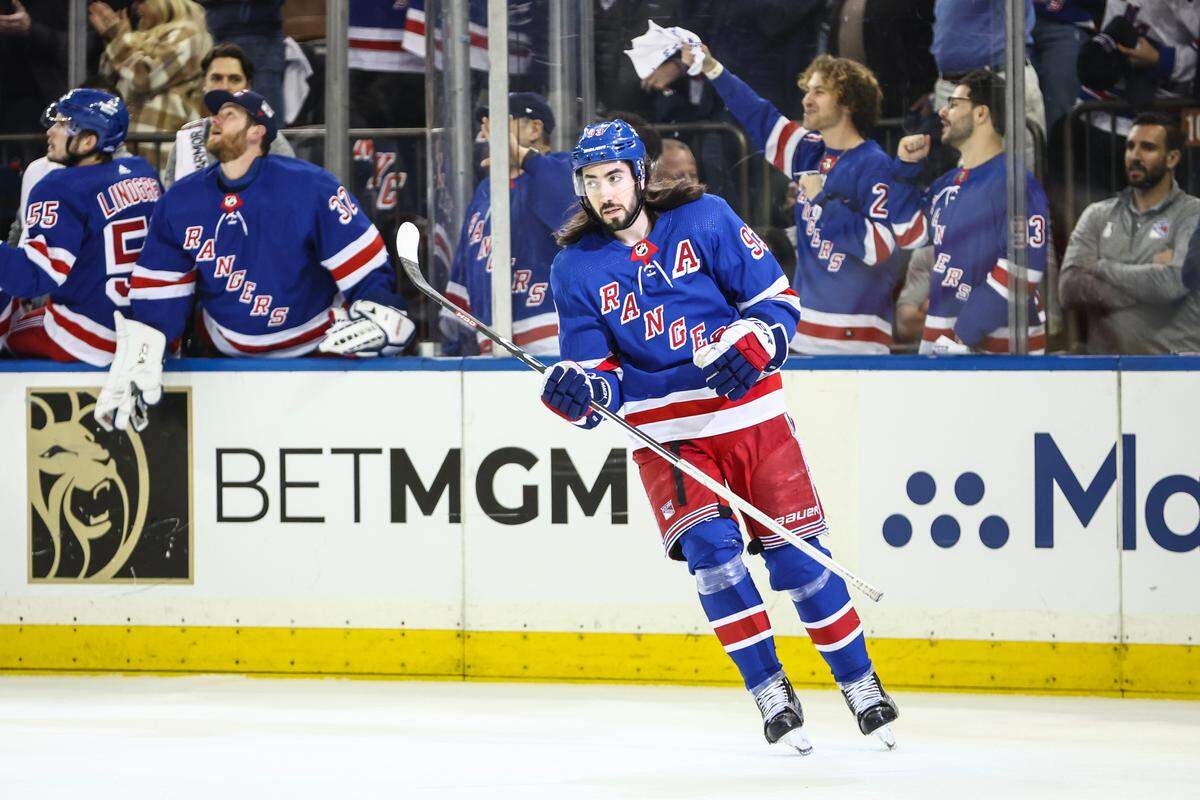 New York Rangers center Mika Zibanejad (93) celebrates after scoring his second goal of the game in the first period against the Carolina Hurricanes in game one of the second round of the 2024 Stanley Cup Playoffs at Madison Square Garden.
