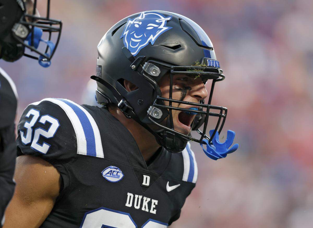 Duke’s George Wright celebrates during the second half of the Blue Devils’ 45-33 win over N.C. State on Saturday, Sept. 20, 2025, at Wallace Wade Stadium in Durham, N.C.