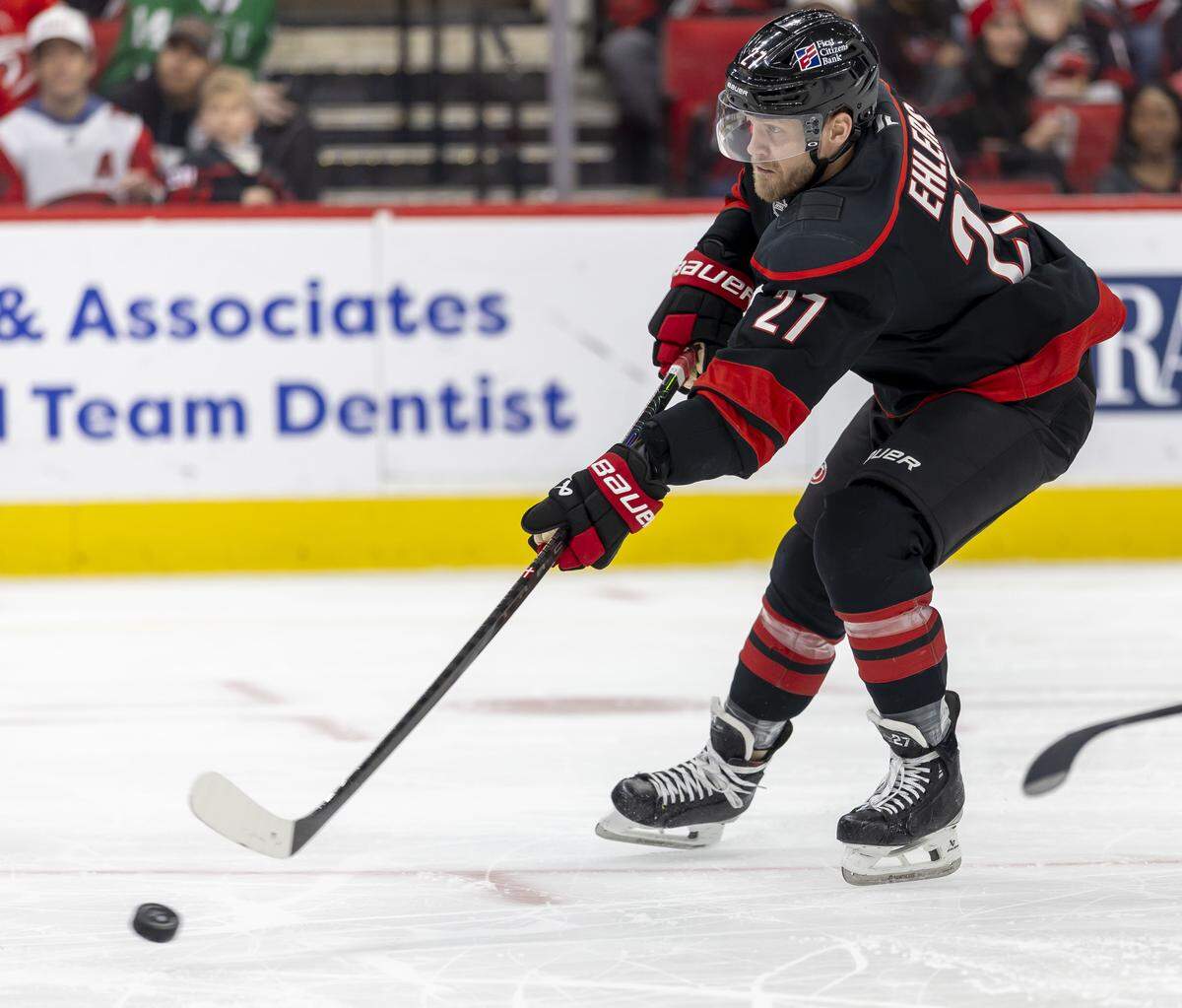 Carolina Hurricanes left wing Nikolaj Ehlers (27) moves the puck in the first period against Dallas on Tuesday, January 6, 2026 at Lenovo Center in Raleigh, N.C.