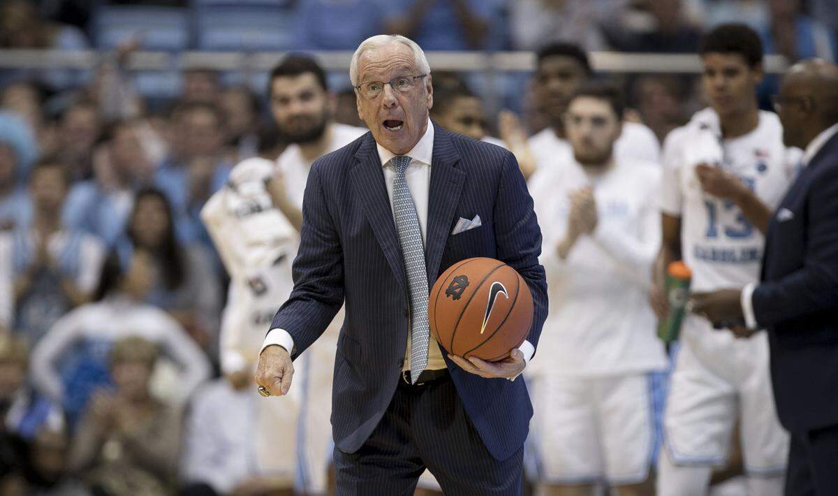North Carolina coach Roy Williams reacts to a foul against his team during the first half against Stanford on Monday, November 12, 2018 at the Smith Center in Chapel Hill, N.C.