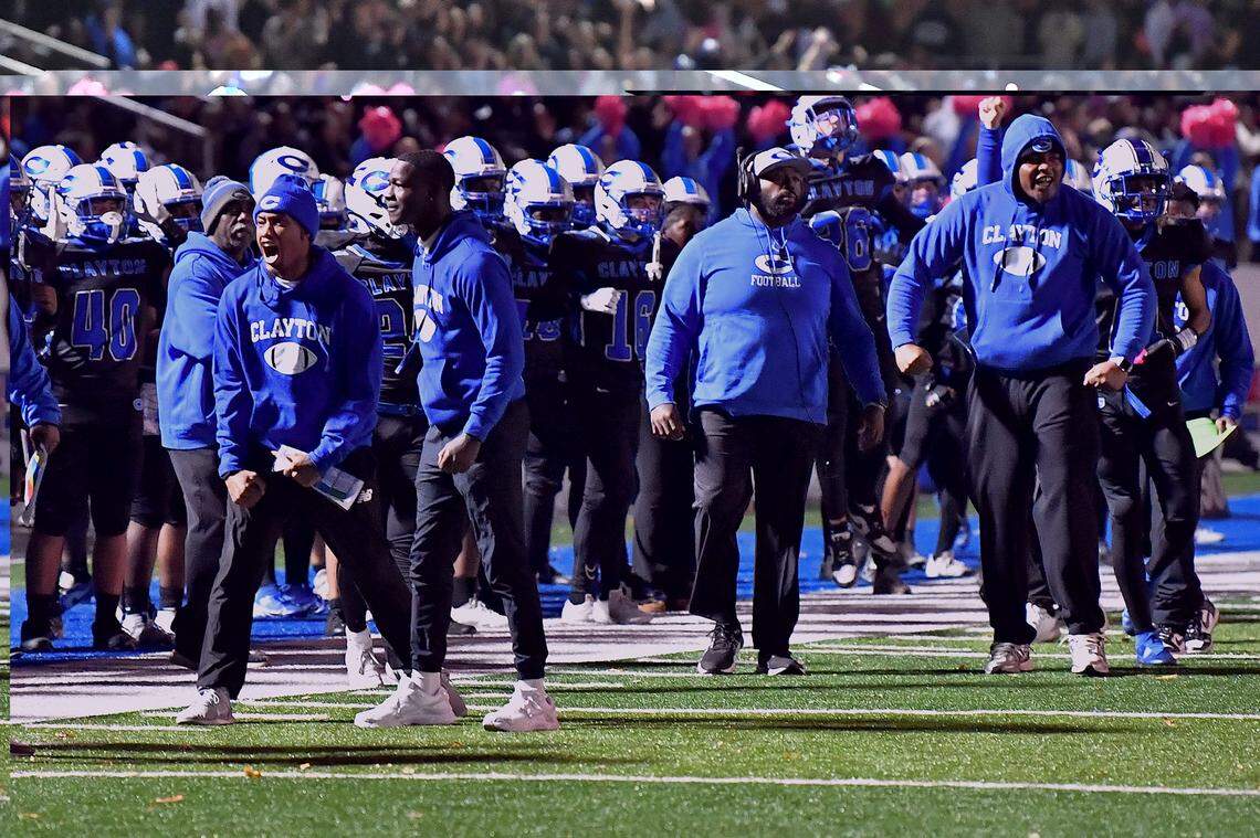 The Clayton coaches on the sidelines react to a call against Cleveland during the first half. The Cleveland Rams took on the Clayton Comets in a conference football game in Clayton, N.C. on October 31st in Clayton, N.C.
