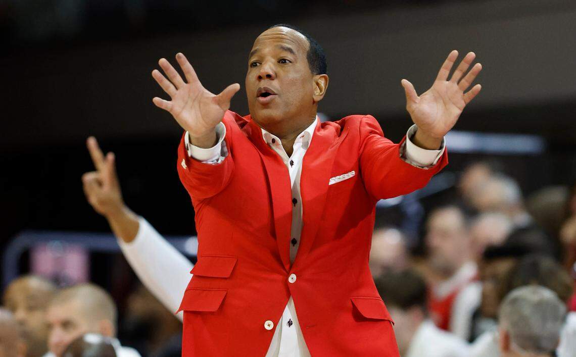 N.C. State head coach Kevin Keatts directs his team during the first half of N.C. State’s game against Maryland Eastern Shore at Reynolds Coliseum in Raleigh, N.C., Wednesday, Dec. 6, 2023.