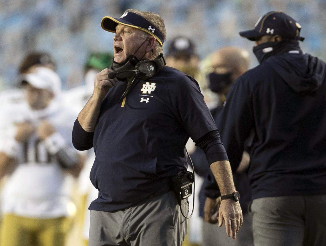 Notre Dame head coach Brian Kelly directs his team during the second quarter against North Carolina on Friday, November 27, 2020 at Kenan Stadium in Chapel Hill, N.C.