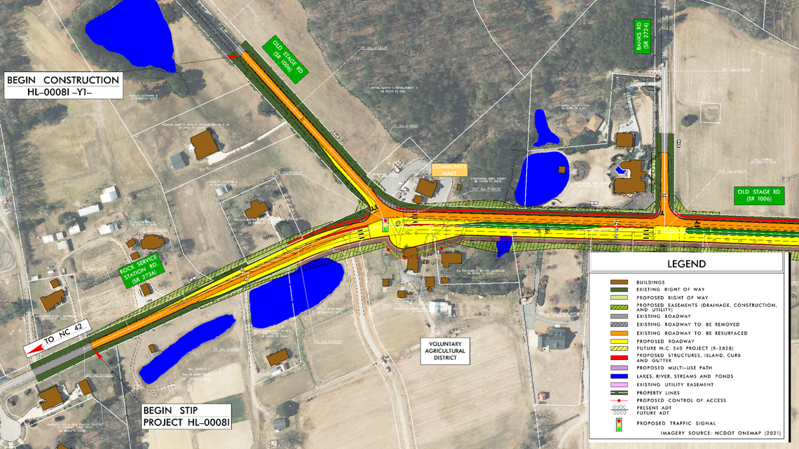 The N.C. Department of Transportation proposes to widen Old Stage Road and overhaul the intersection with Rock Service Station Road to try to better handle traffic from a Triangle Expressway interchange that’s expected to open in late 2023.