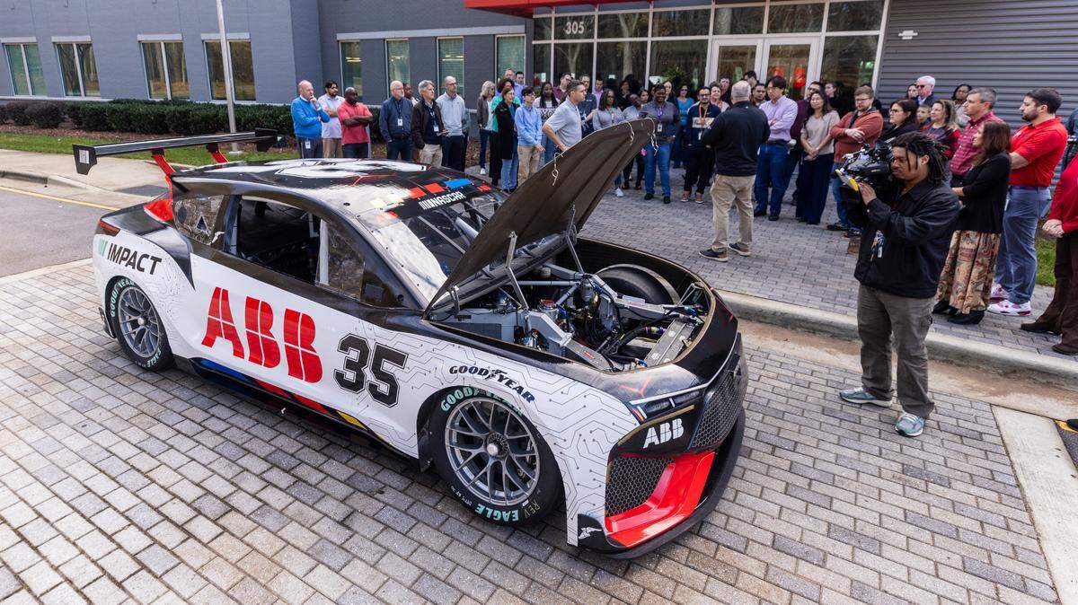 A prototype electric race car is displayed at ABB in Cary on Wednesday, Dec. 18, 2024. The prototype was developed at NASCAR’s Research and Development Center in Concord by a team that included Chevrolet, Ford and Toyota.