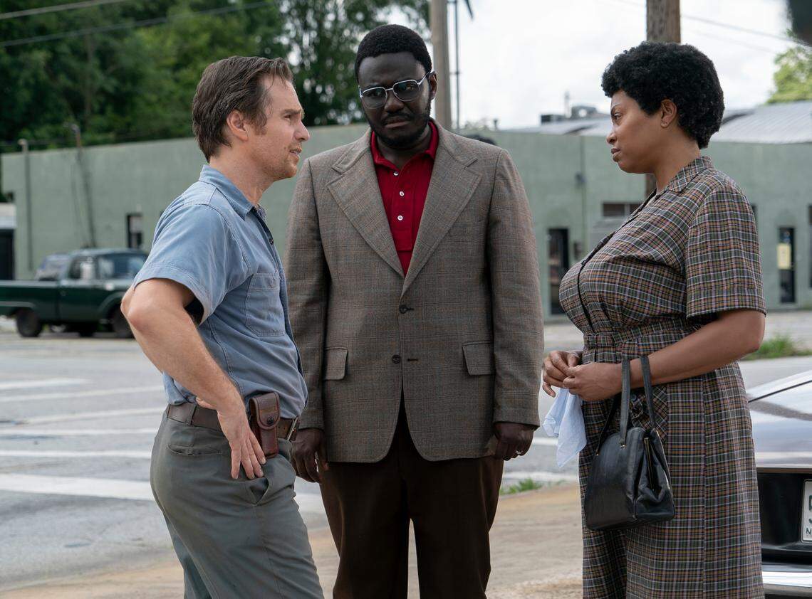 Sam Rockwell, left, Babou Ceesay and Taraji P. Henson star in “The Best of Enemies,” which tells the true story of race relations in Durham, N.C. in the early 1970s.