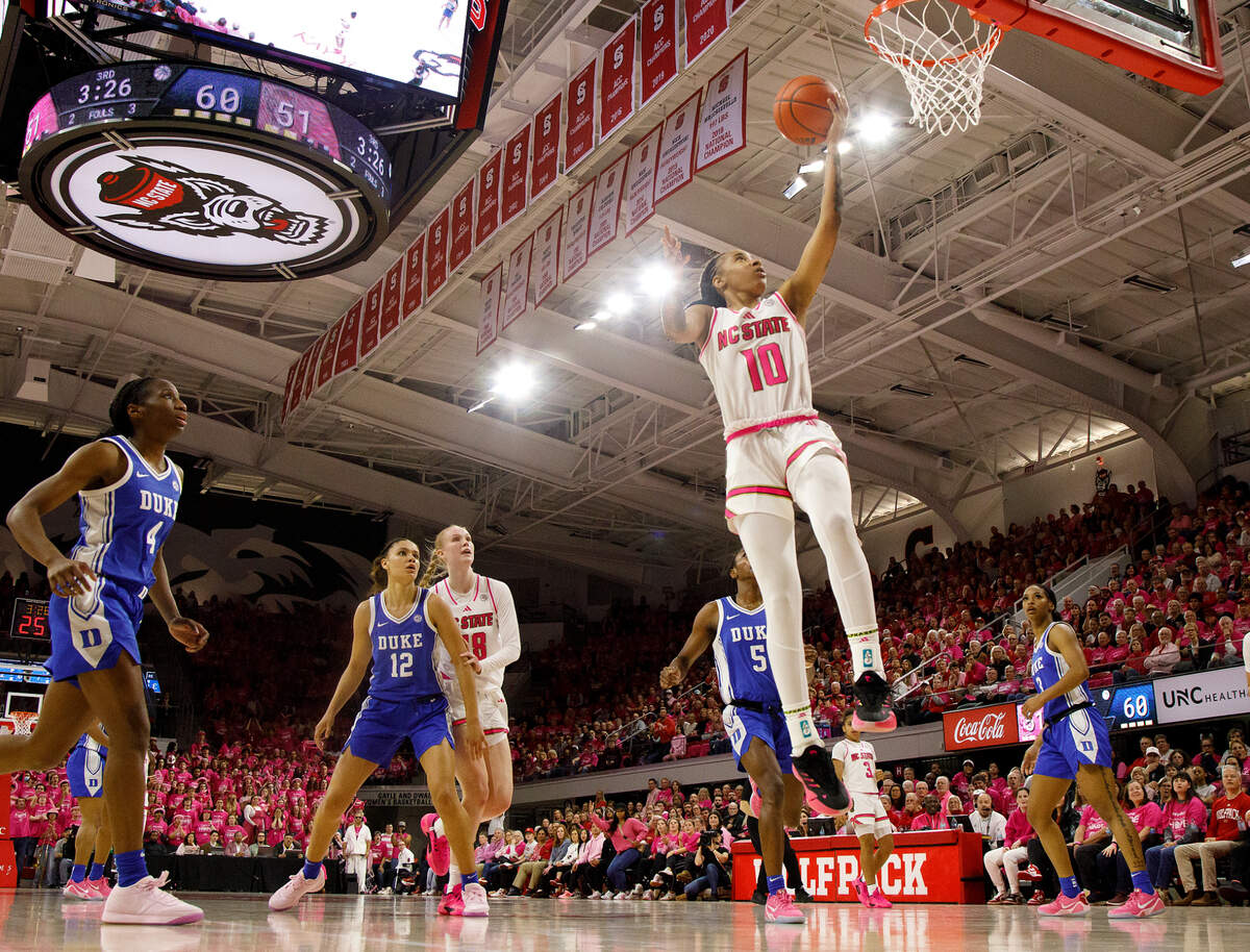 N.C. State’s Aziaha James lays in two during the second half of the Wolfpack’s 89-83 win over Duke in the Play4Kay Game on Monday, Feb. 3, 2025, at Reynolds Coliseum in Raleigh, N.C.