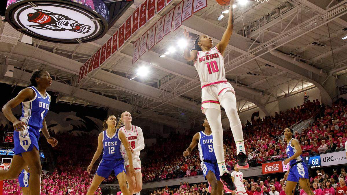 N.C. State’s Aziaha James lays in two during the second half of the Wolfpack’s 89-83 win over Duke in the Play4Kay Game on Monday, Feb. 3, 2025, at Reynolds Coliseum in Raleigh, N.C.