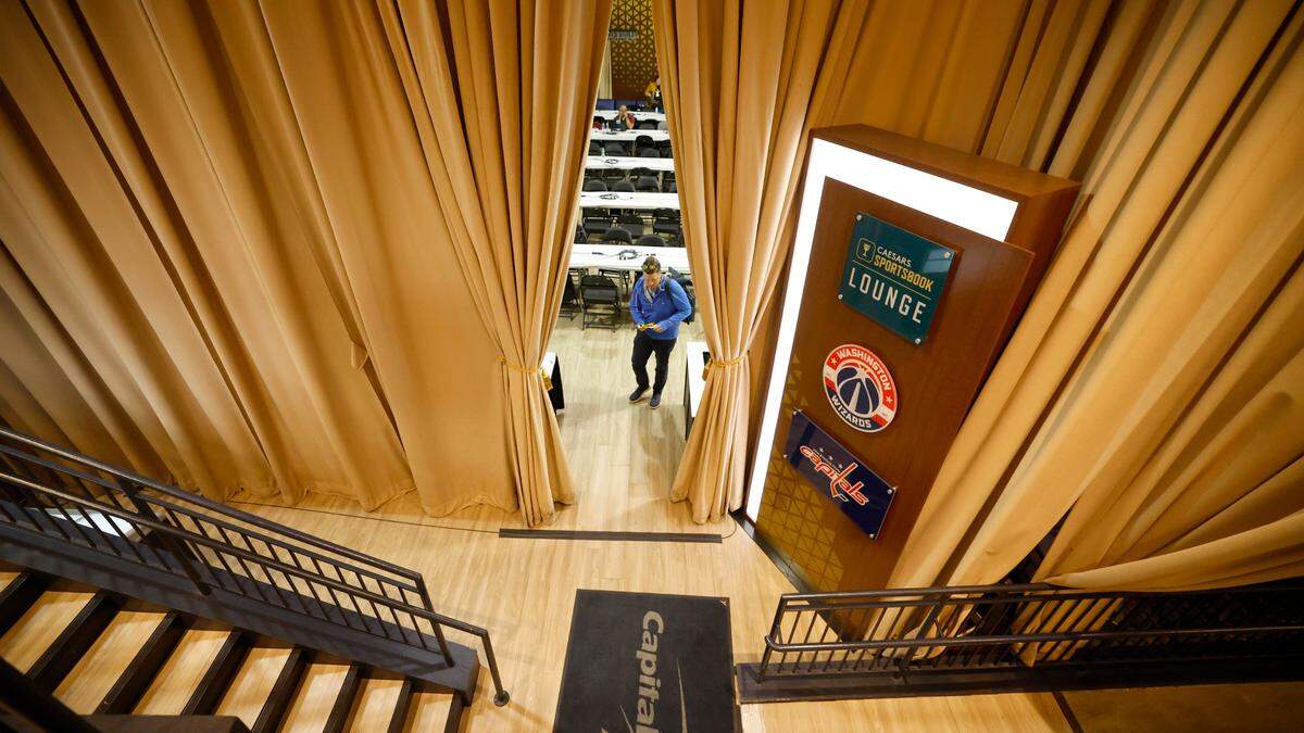 The entrance to the media room at the 2024 ACC Men’s Basketball Tournament at Capital One Arena in Washington, D.C., Tuesday, March 12, 2024. The room, which used to be the auxiliary gym, is now normally used as the Caesars Sportsbook Lounge.