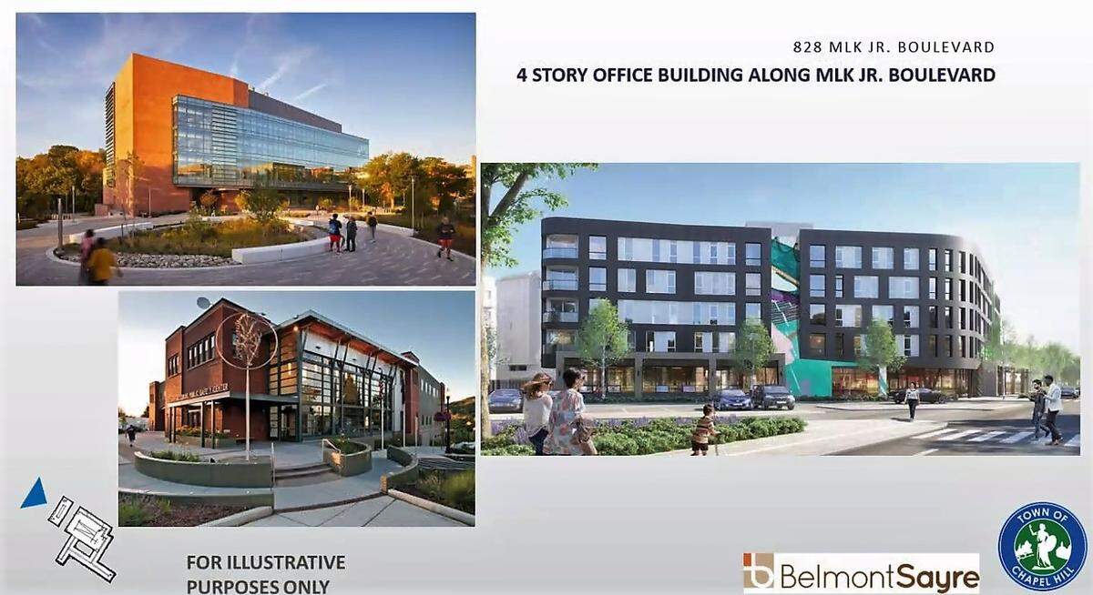 Belmont Sayre developer Ken Reiter offered these examples of how a four-story town office building might look at 828 Martin Luther King Jr. Blvd. if the town redevelops the Chapel Hill Police Department site.